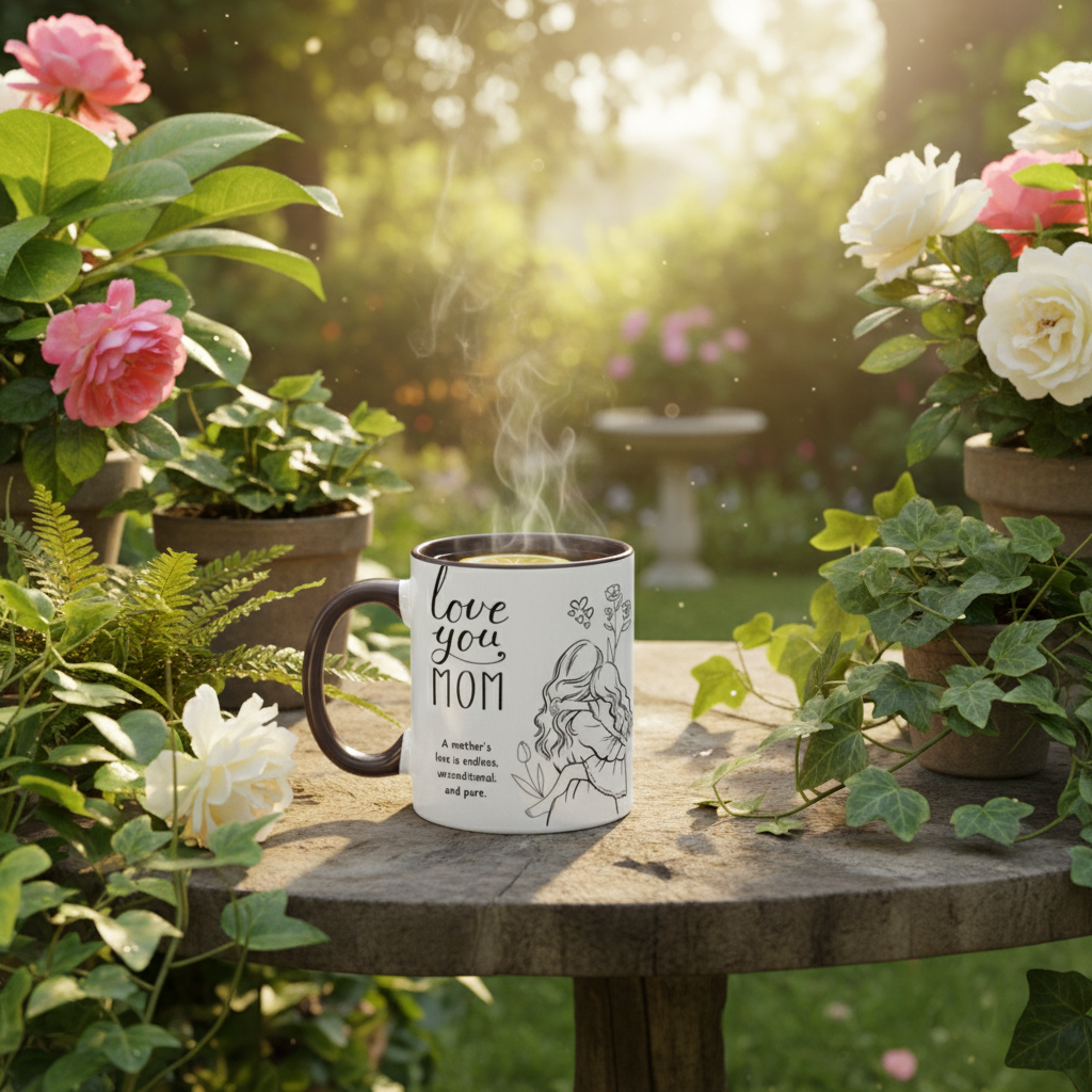 11 oz. Minimalist Mother & Daughter Line Art Accent Mug | "Love You Mom" Keepsake Cup | Unconditional Love Mother's Day Gift