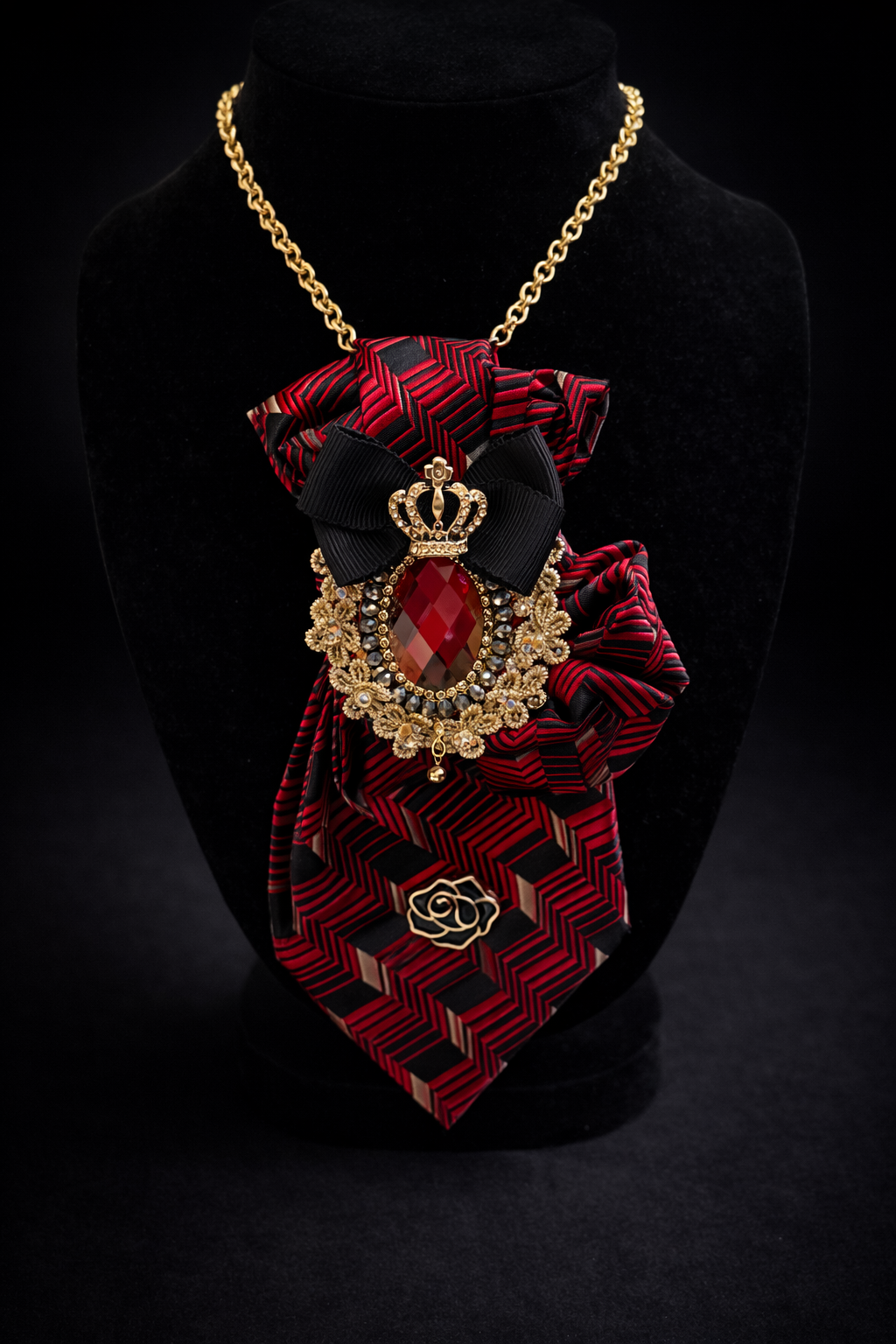 Royal Crown Statement Tie Necklace – Red & Black Luxe Brooch Pendant