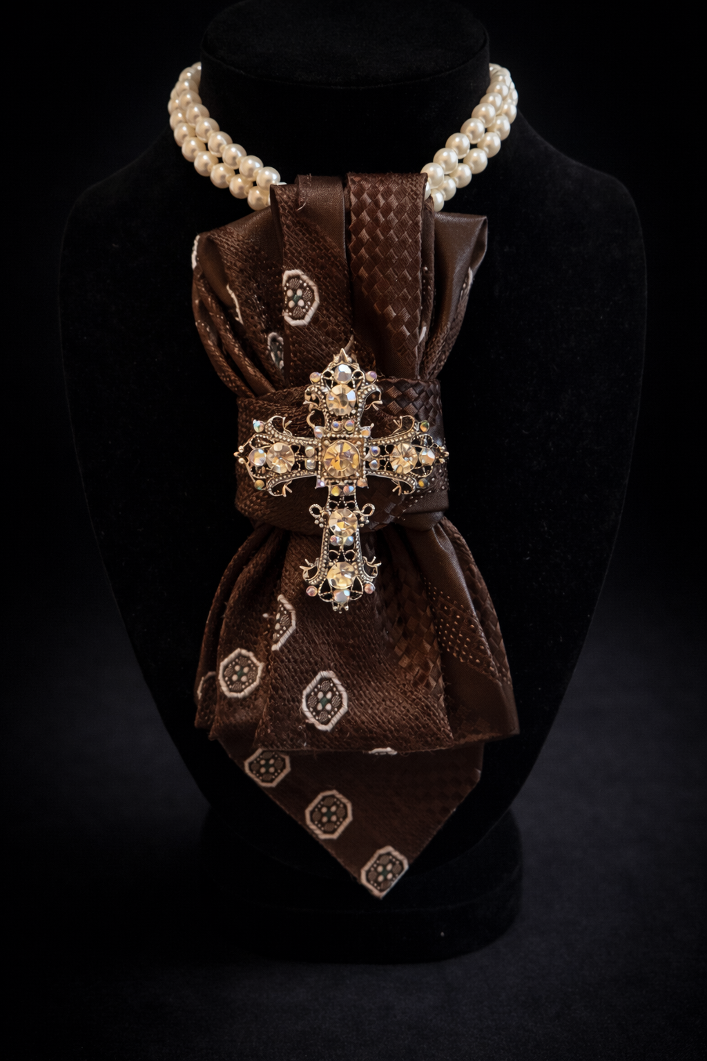 Vintage Cross Statement Tie Necklace – Pearl & Crystal Faith Pendant