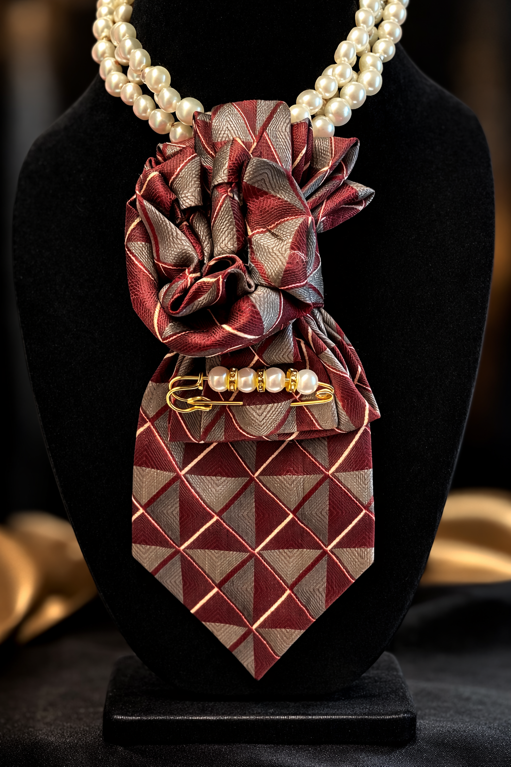 Pearl Rosette Statement Tie Necklace – Burgundy Geometric Couture Pendant